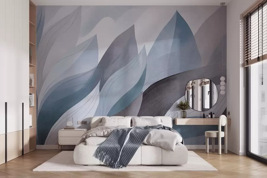 murales Hojas abstractas, tonos tierra apagados en azul con delicados detalles lineales, textura suave de acuarela. w09736v1