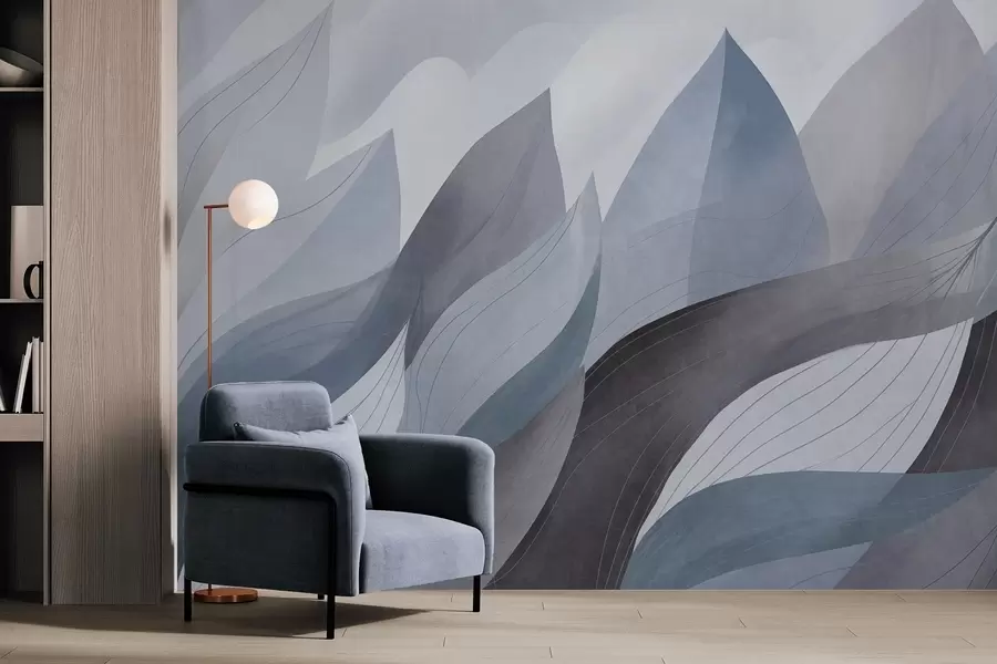 Wall Mural Photo Wallpaper Abstract leaves, muted earth tones of blue with delicate line details , soft watercolor texture w09736v1