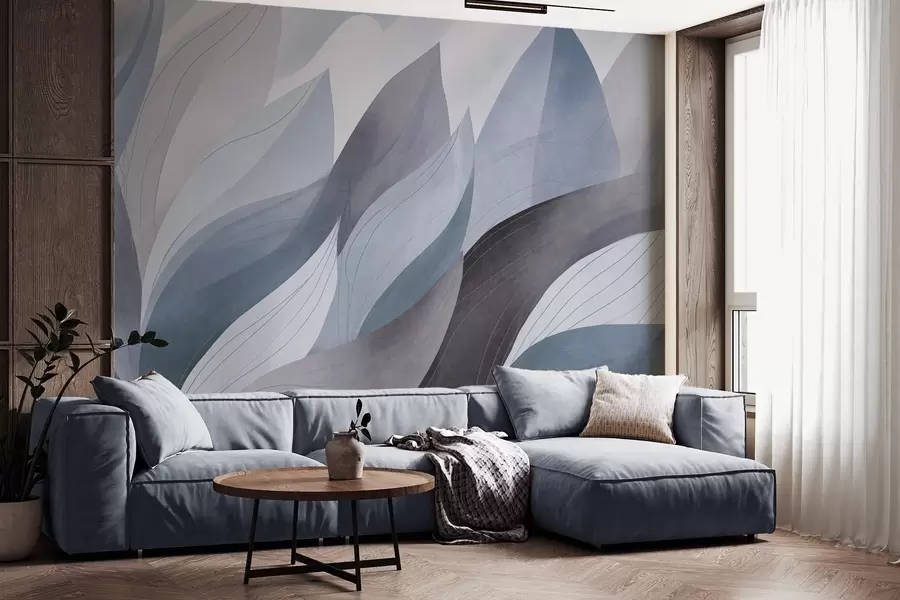 murales Hojas abstractas, tonos tierra apagados en azul con delicados detalles lineales, textura suave de acuarela. w09736v1