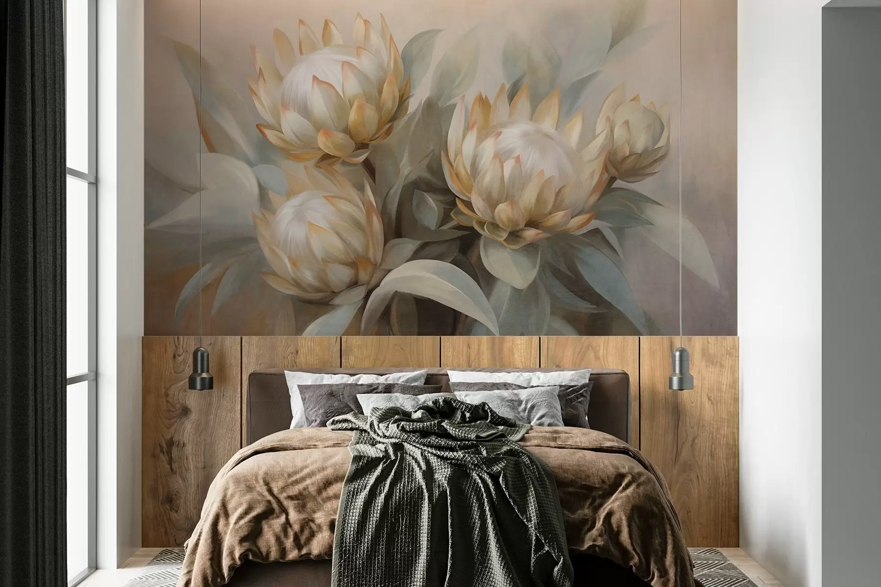 murales Flores de protea con textura, hojas verdes y un fondo suave y difuminado. w09738