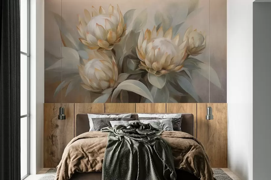 Wall Mural Photo Wallpaper Textured protea flowers with green leaves and a soft, blurred background w09738