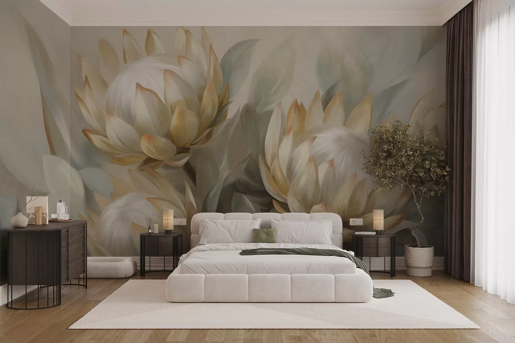 murales Flores de protea con textura, hojas verdes y un fondo suave y difuminado. w09738