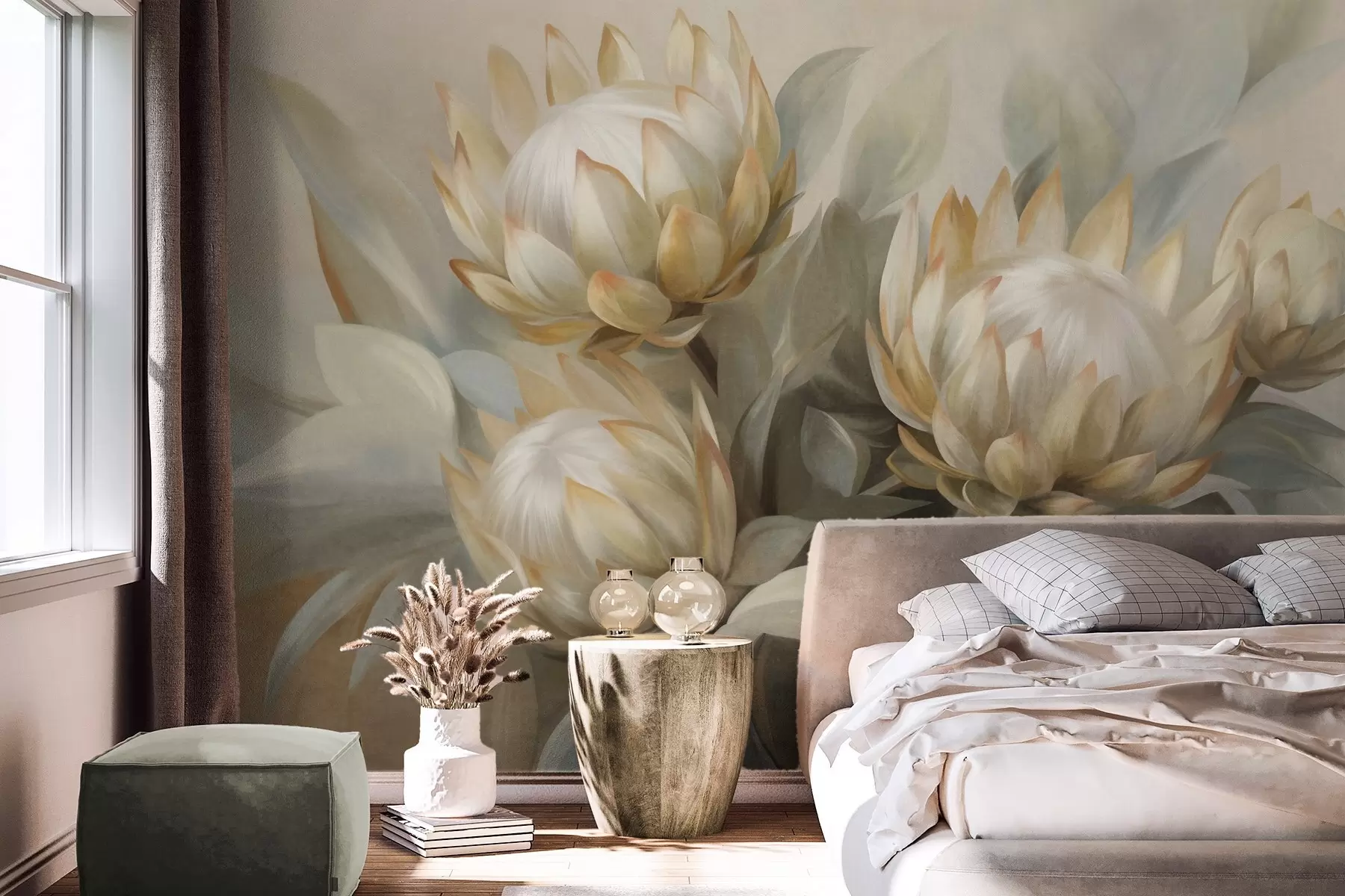 Wall Mural Photo Wallpaper Textured protea flowers with green leaves and a soft, blurred background w09738