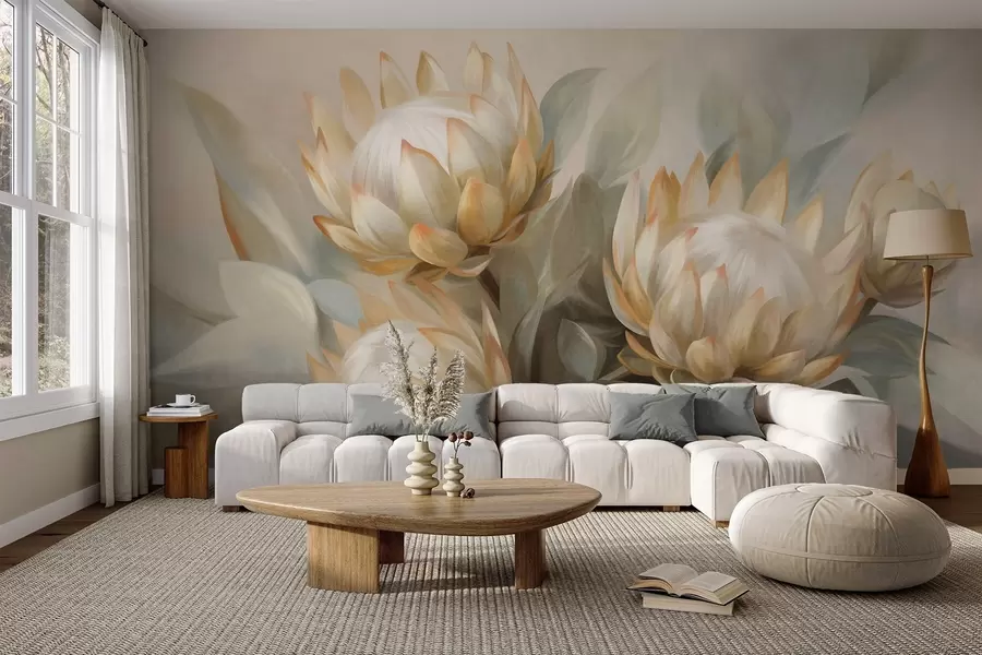 Wall Mural Photo Wallpaper Textured protea flowers with green leaves and a soft, blurred background w09738