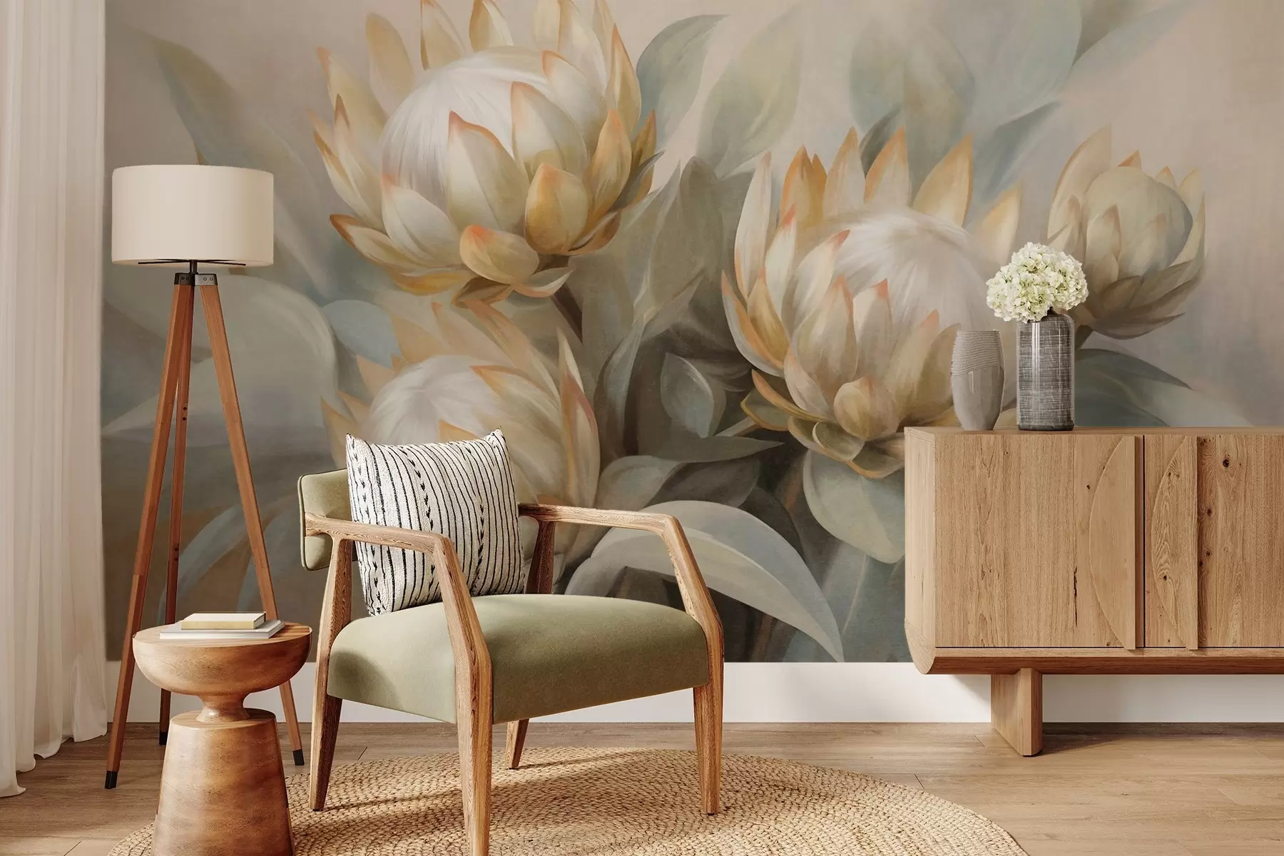 Wall Mural Photo Wallpaper Textured protea flowers with green leaves and a soft, blurred background w09738