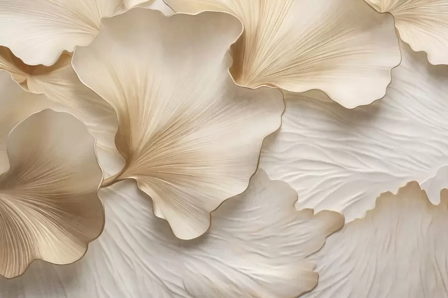 peintures murales Pétales de feuilles de ginkgo texturées, beiges et blanches, avec un imprimé organique délicat. w09741