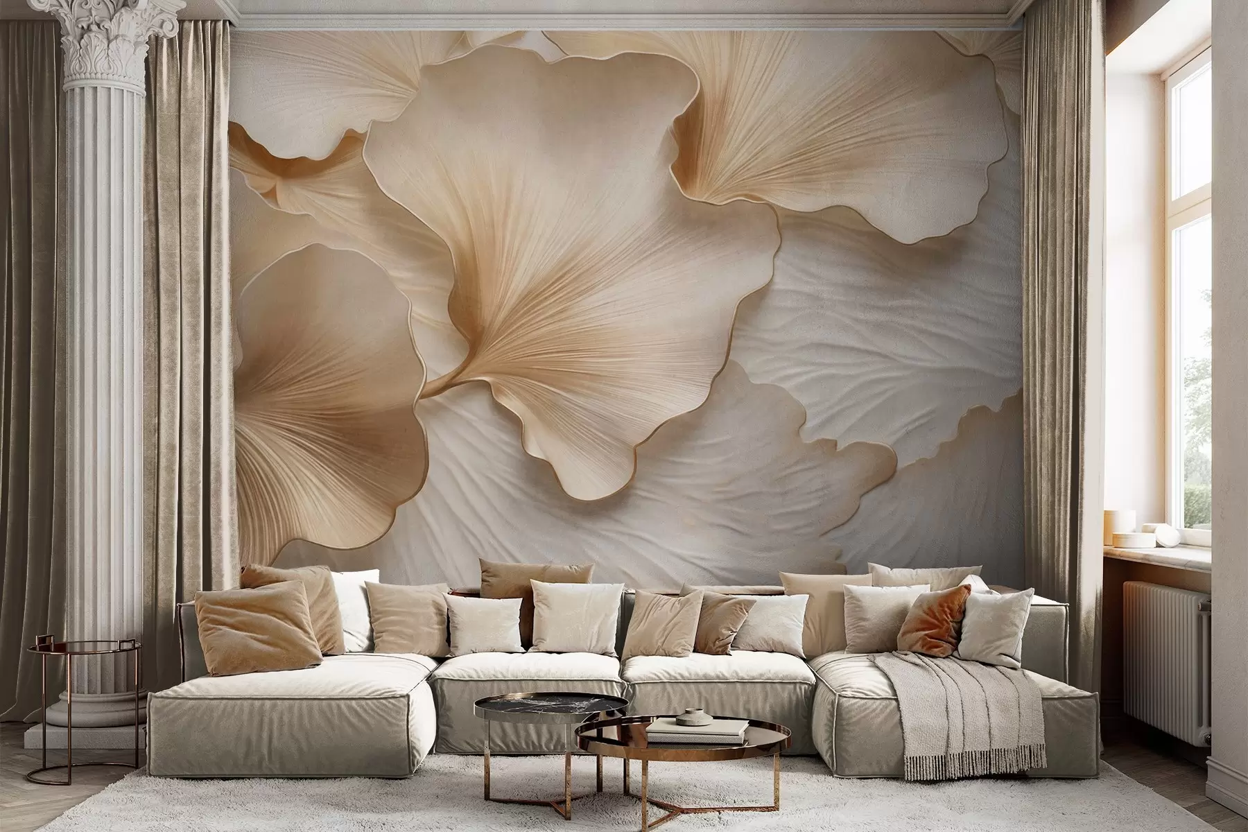 murales Pétalos de hojas de ginkgo texturizados, de color beige y blanco, con un delicado estampado orgánico. w09741