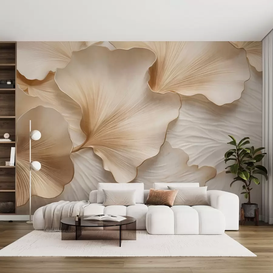 Wall Mural Photo Wallpaper Textured, beige and white ginkgo leaves petals with delicate organic print w09741