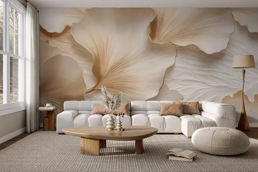 murales Pétalos de hojas de ginkgo texturizados, de color beige y blanco, con un delicado estampado orgánico. w09741