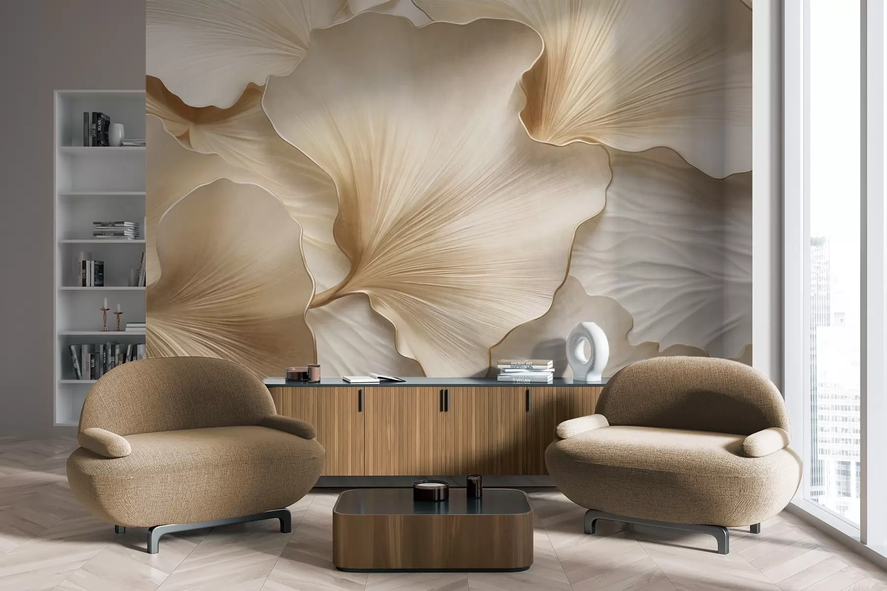 wall murals Textured, beige and white ginkgo leaves petals with delicate organic print w09741