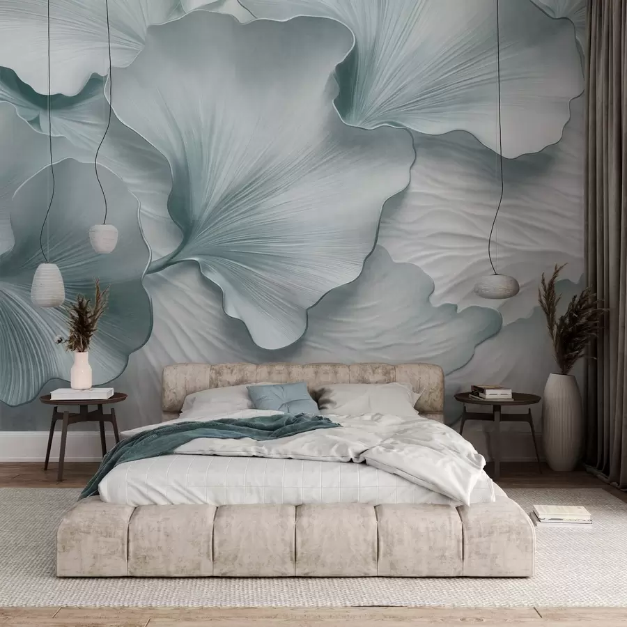 Wall Mural Photo Wallpaper Textured, blue and white ginkgo leaves petals with delicate organic print w09741v1