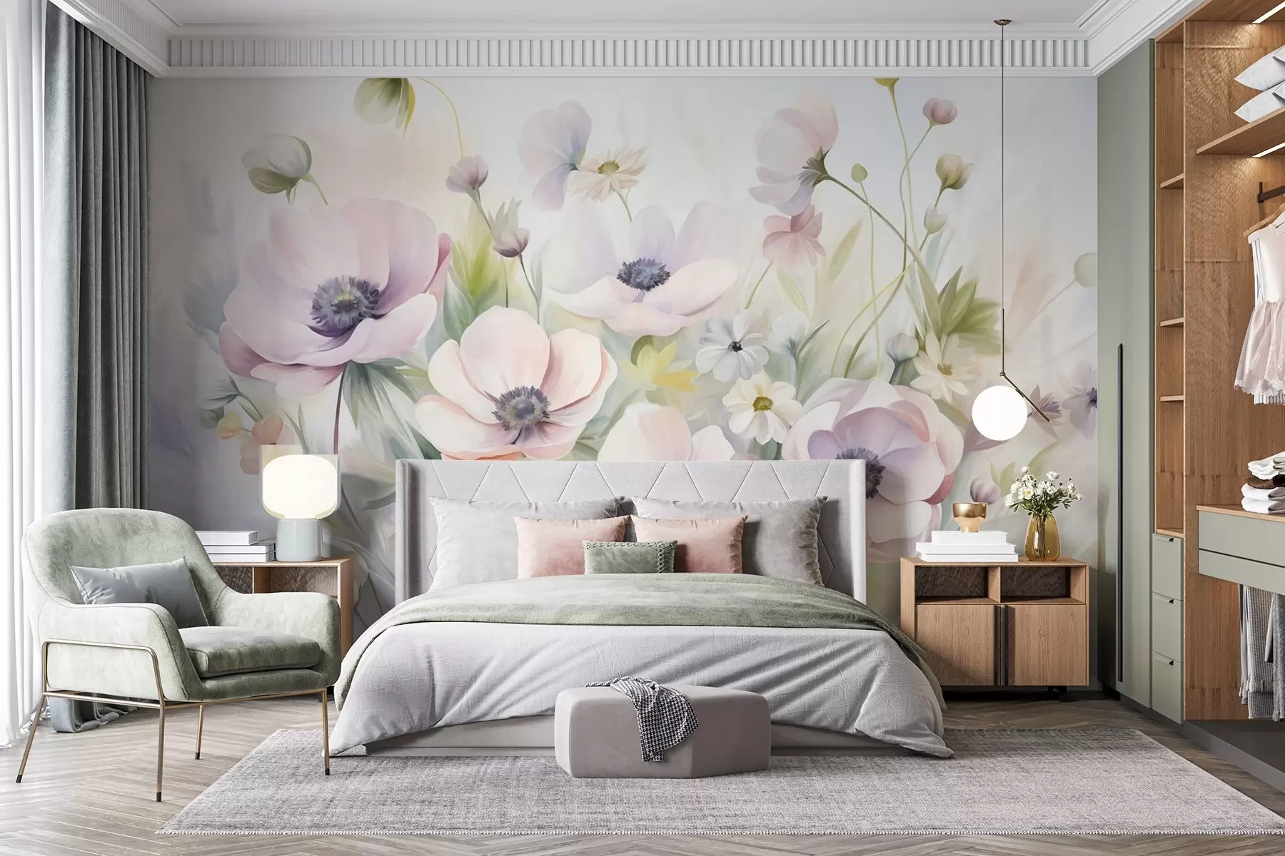 wall murals A field of pastel pink and white anemone flowers, green foliage and small white daisies w09742