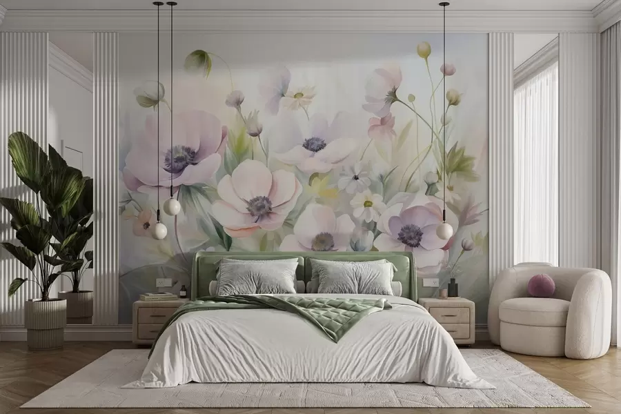 murales Un campo de flores de anémona en tonos rosa pastel y blanco, follaje verde y pequeñas margaritas blancas. w09742