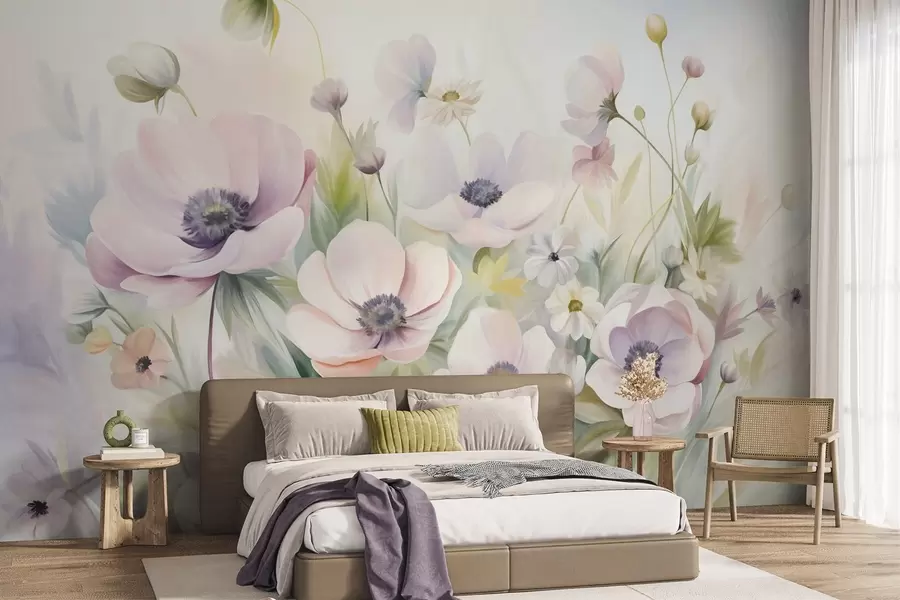 murales Un campo de flores de anémona en tonos rosa pastel y blanco, follaje verde y pequeñas margaritas blancas. w09742