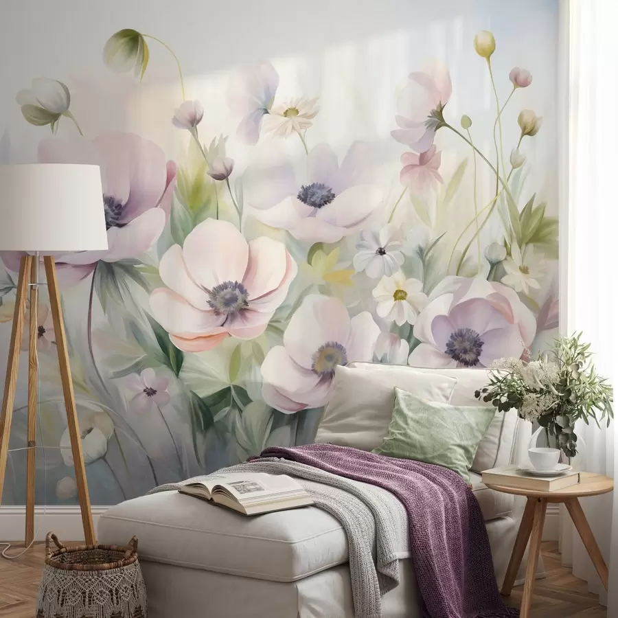 Wall Mural Photo Wallpaper A field of pastel pink and white anemone flowers, green foliage and small white daisies w09742