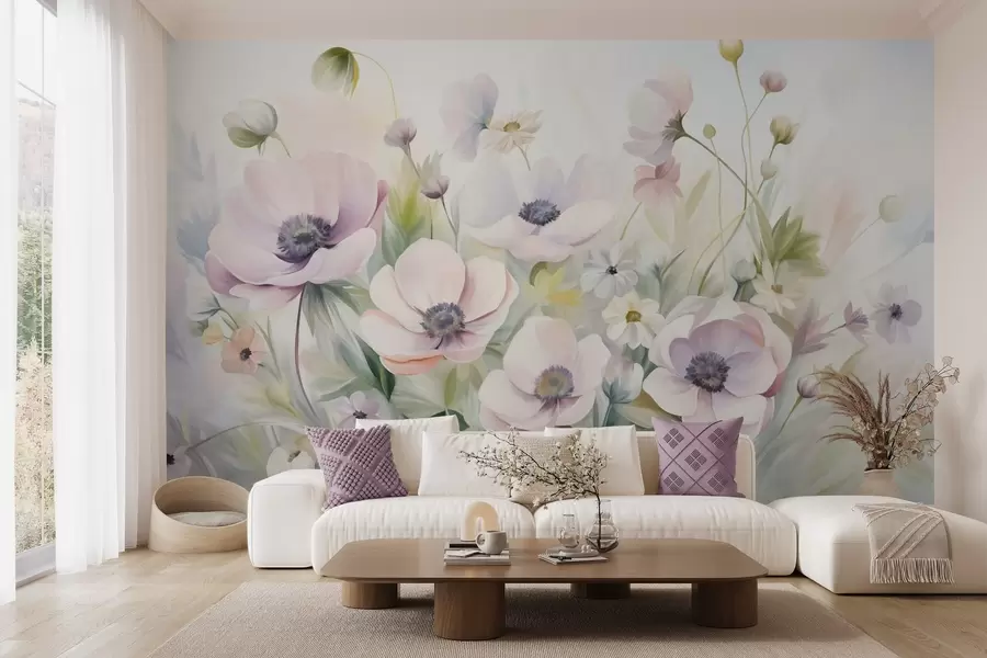 murales Un campo de flores de anémona en tonos rosa pastel y blanco, follaje verde y pequeñas margaritas blancas. w09742