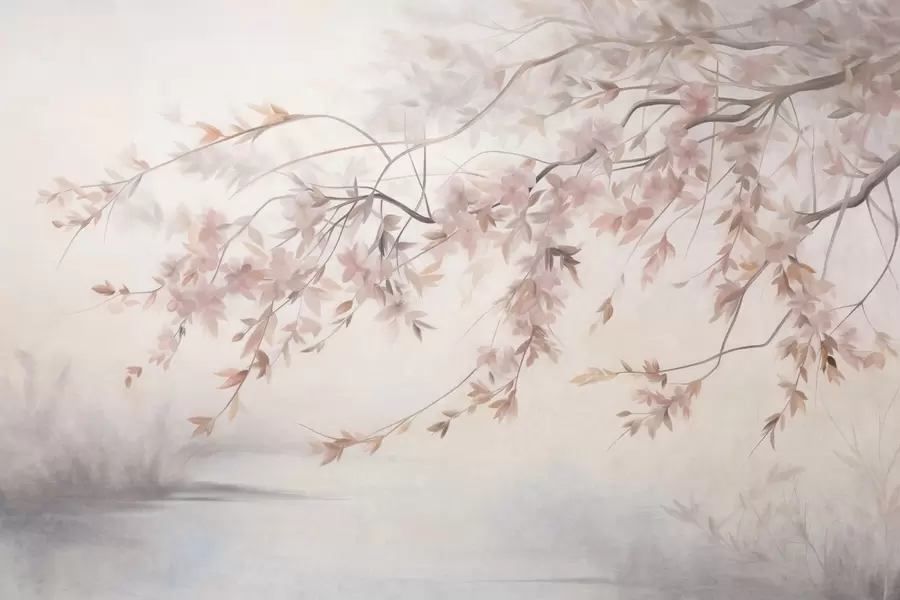 Wall Mural Photo Wallpaper Textured landscape with cherry blossom branch, pink leaves, soft, foggy background w09743