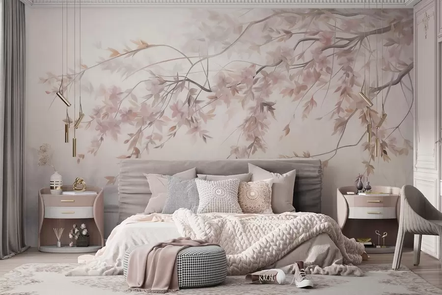 Wall Mural Photo Wallpaper Textured landscape with cherry blossom branch, pink leaves, soft, foggy background w09743