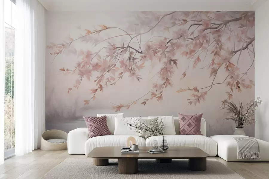 Wall Mural Photo Wallpaper Textured landscape with cherry blossom branch, pink leaves, soft, foggy background w09743