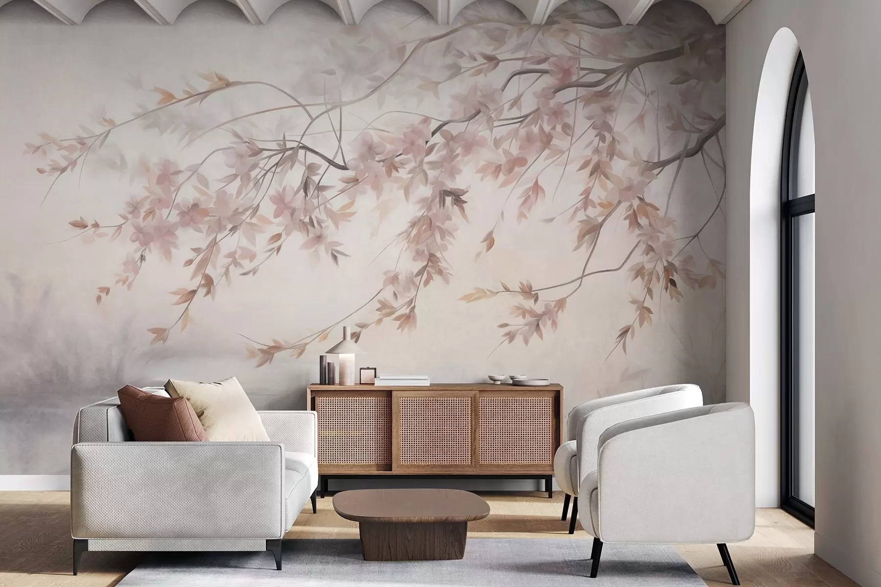 murales Paisaje texturizado con rama de cerezo en flor, hojas rosadas y fondo suave y brumoso. w09743