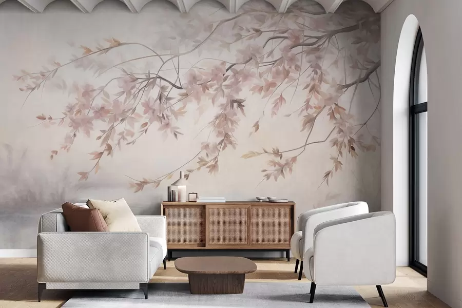 Wall Mural Photo Wallpaper Textured landscape with cherry blossom branch, pink leaves, soft, foggy background w09743