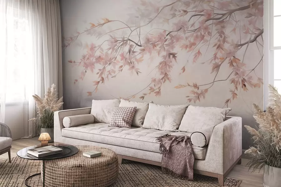 Wall Mural Photo Wallpaper Textured landscape with cherry blossom branch, pink leaves, soft, foggy background w09743