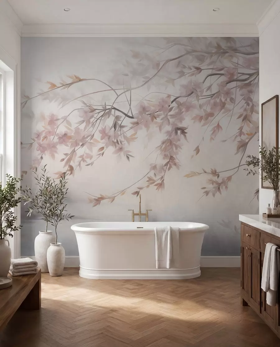 wall murals Textured landscape with cherry blossom branch, pink leaves, soft, foggy background w09743