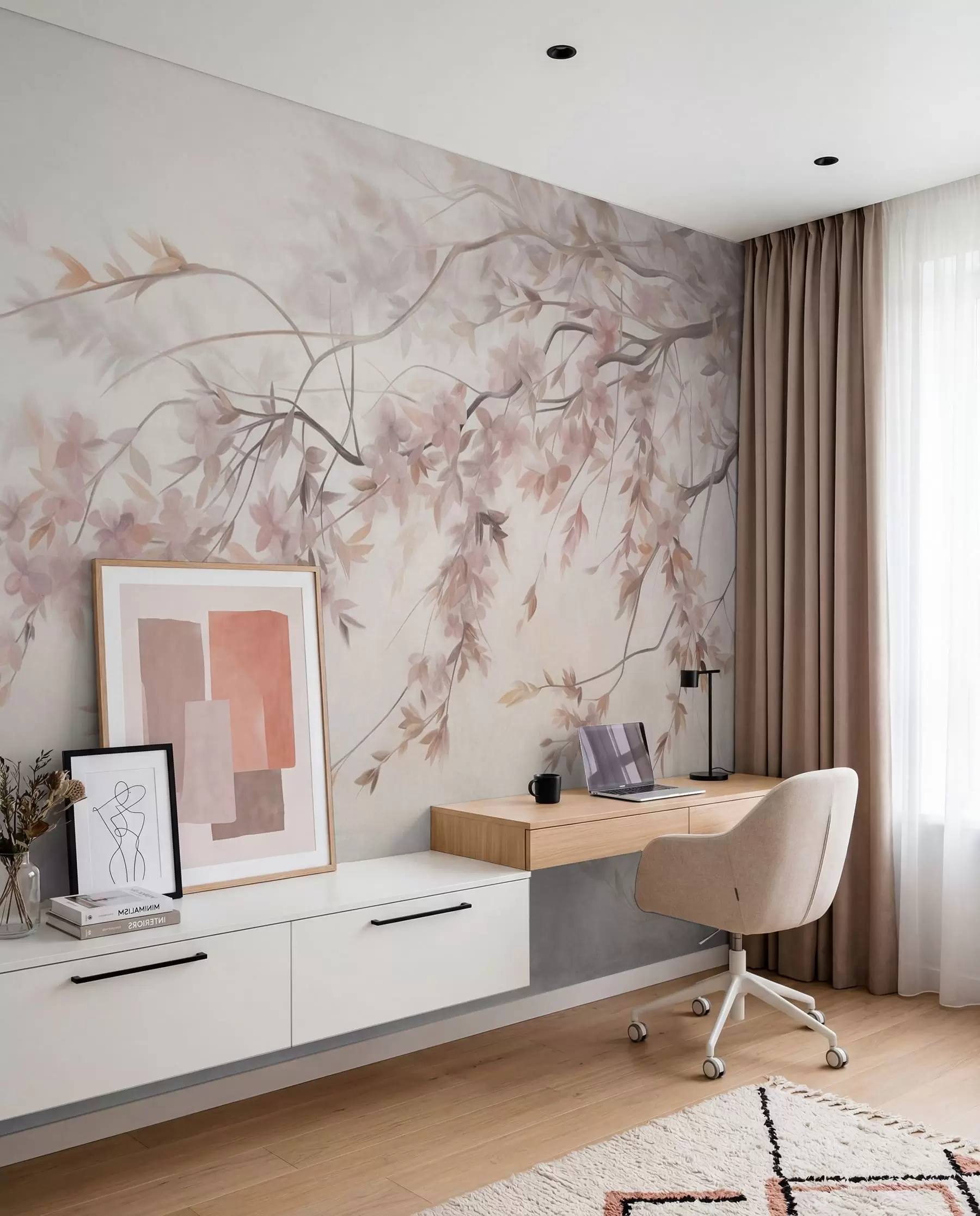 murales Paisaje texturizado con rama de cerezo en flor, hojas rosadas y fondo suave y brumoso. w09743