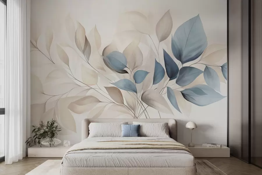 Wall Mural Photo Wallpaper Abstract translucent leaves in shades of blue, beige and cream, textured art w09744