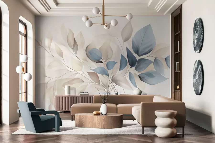 Wall Mural Photo Wallpaper Abstract translucent leaves in shades of blue, beige and cream, textured art w09744