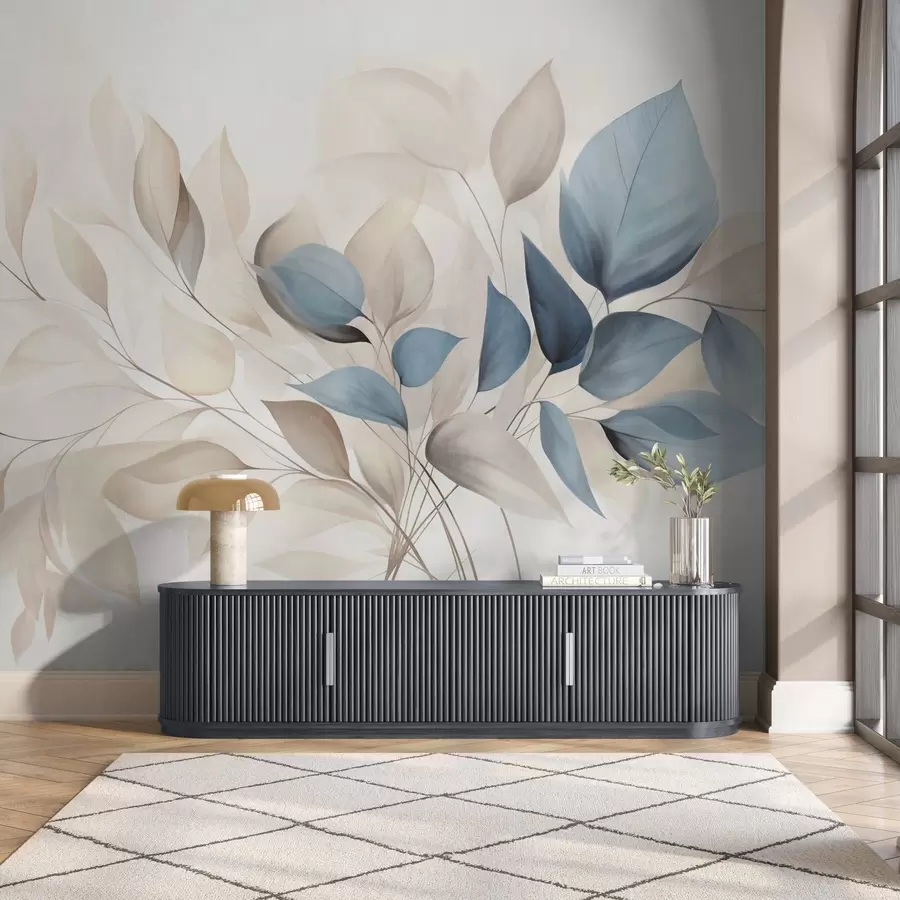 Wall Mural Photo Wallpaper Abstract translucent leaves in shades of blue, beige and cream, textured art w09744