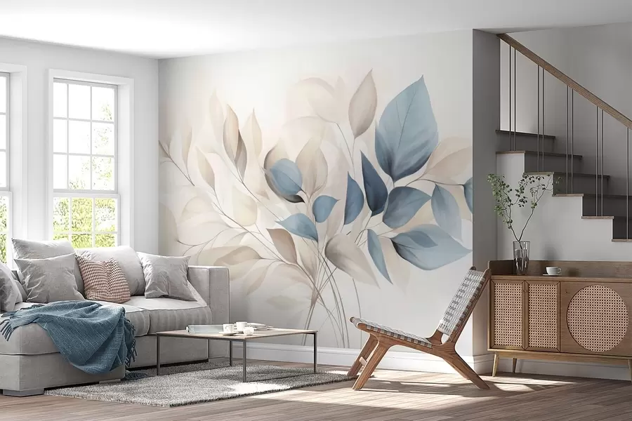 Wall Mural Photo Wallpaper Abstract translucent leaves in shades of blue, beige and cream, textured art w09744