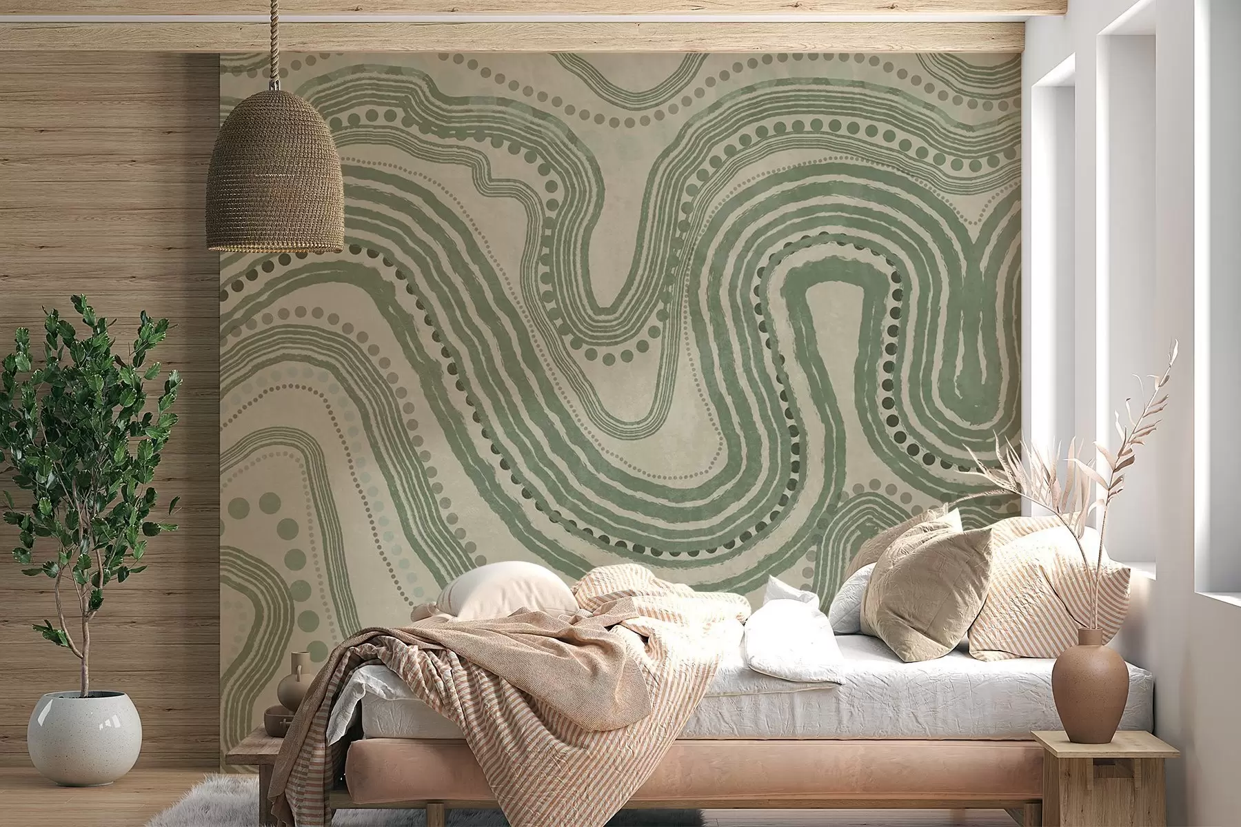 wall murals Abstract green and beige wavy lines and dots, modern textured art w09747