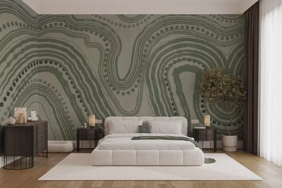 Wall Mural Photo Wallpaper Abstract green and beige wavy lines and dots, modern textured art w09747