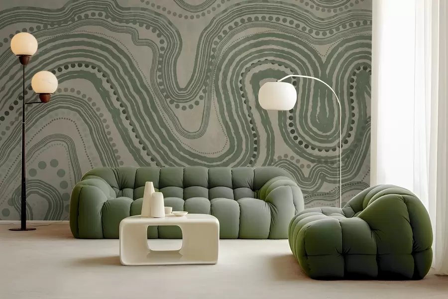 Wall Mural Photo Wallpaper Abstract green and beige wavy lines and dots, modern textured art w09747