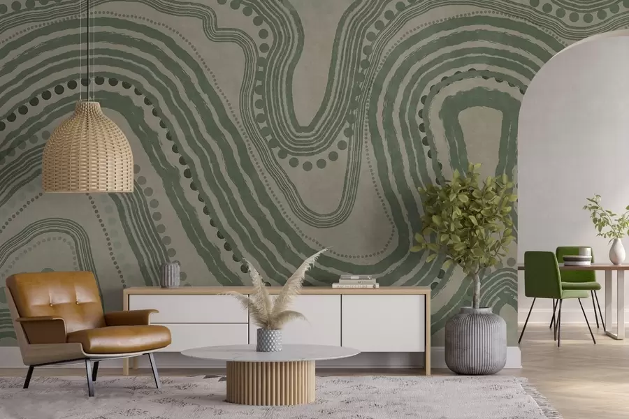 Wall Mural Photo Wallpaper Abstract green and beige wavy lines and dots, modern textured art w09747