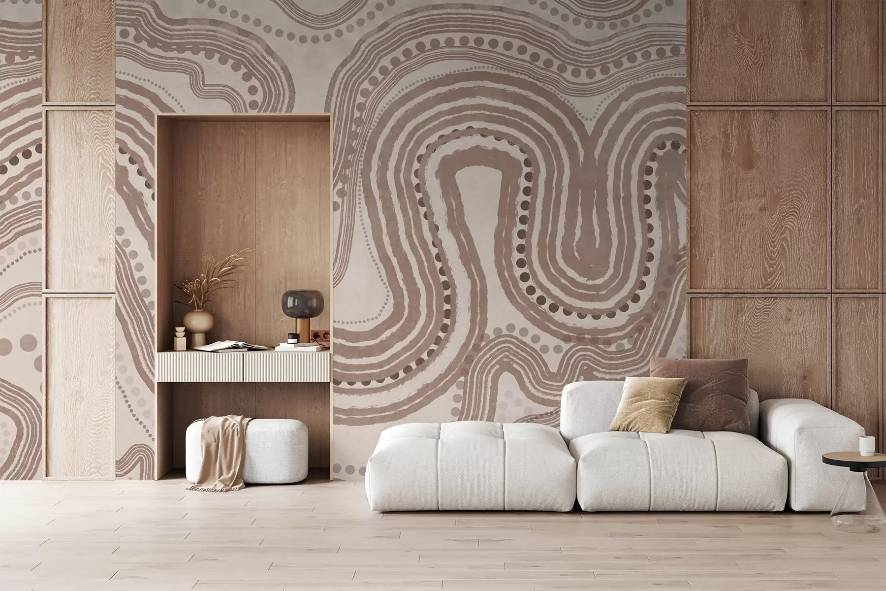 Wall Mural Photo Wallpaper Abstract brown and beige wavy lines and dots, modern textured art w09747v1