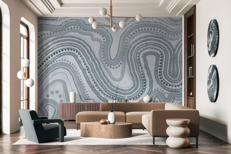 Wall Mural Photo Wallpaper Abstract blue wavy lines and dots, modern textured art w09747v3