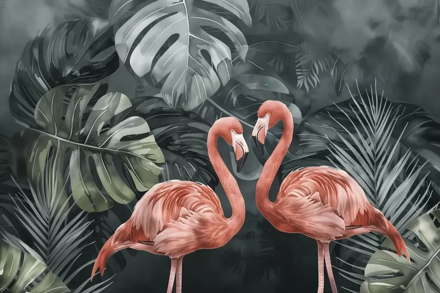 murais de parede Um casal de flamingos entre plantas tropicais w09687