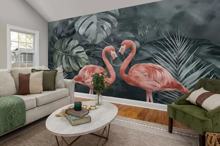 Wall Mural Photo Wallpaper A pair of flamingos in tropical plants w09687