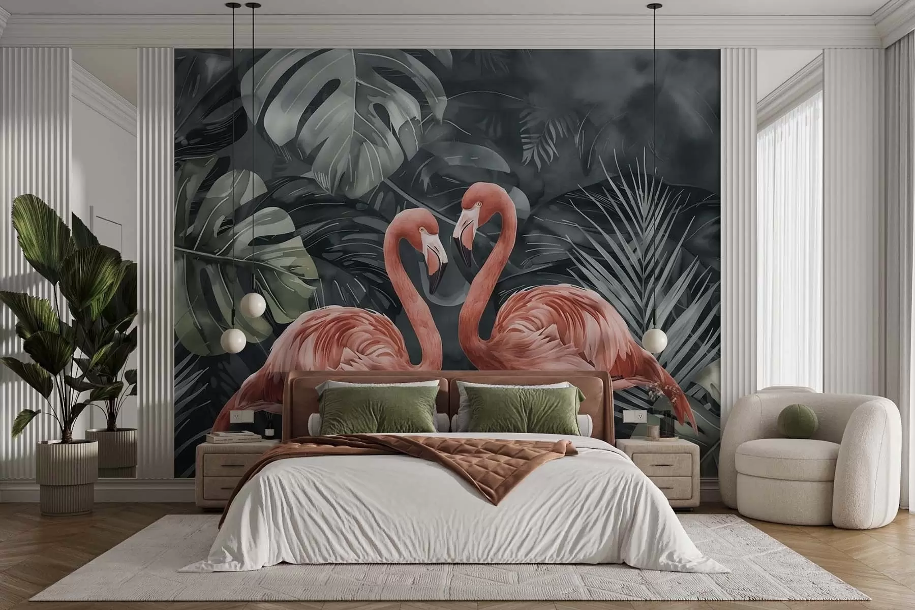 wall murals A pair of flamingos in tropical plants w09687