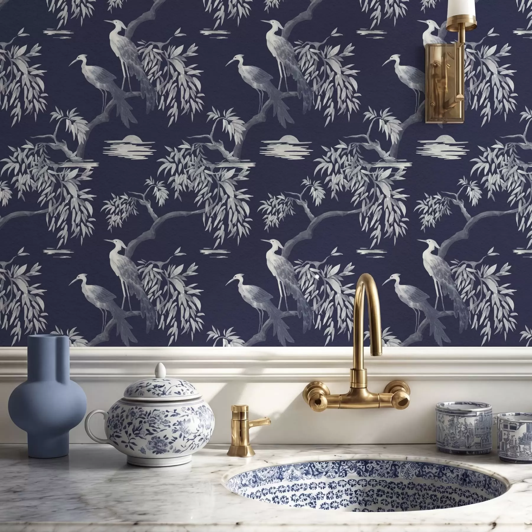 peintures murales Oiseaux sur une branche sur fond bleu foncé a01116v1