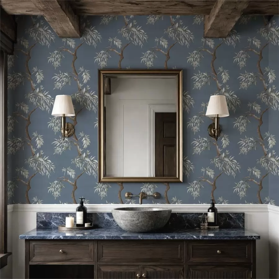 Wall Mural Photo Wallpaper Tree branch with leaves on blue background a01117