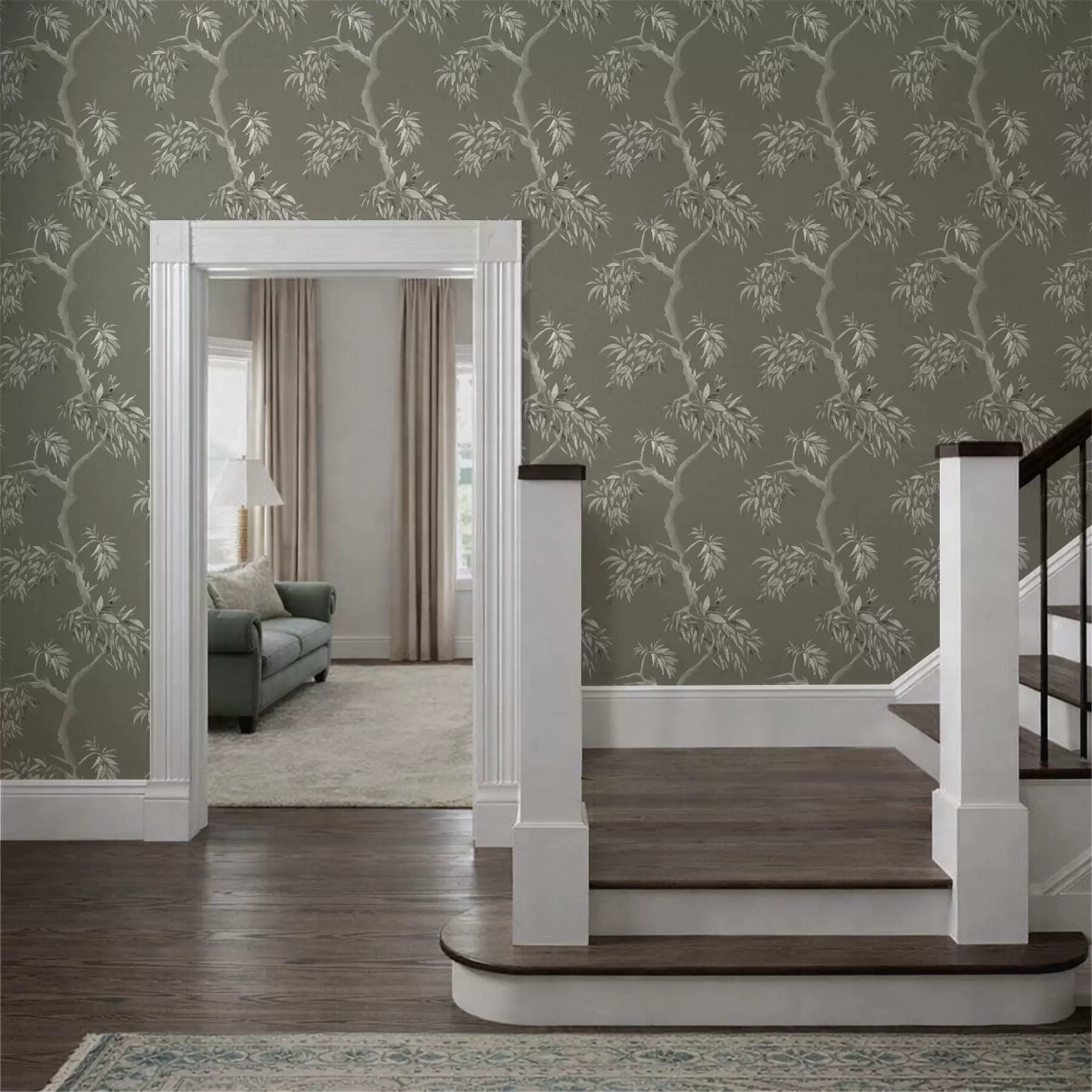 peintures murales Branche légère avec des feuilles sur fond olive a01117v1