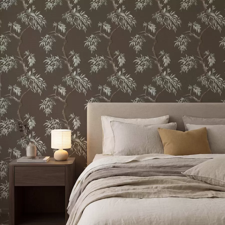 Wall Mural Photo Wallpaper Tree branch with leaves on brown background a01117v3