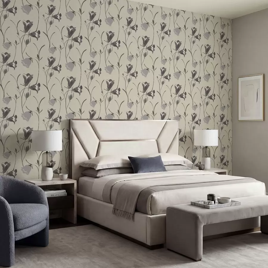 murales Flores grises en forma de campana sobre fondo beige claro. a01119