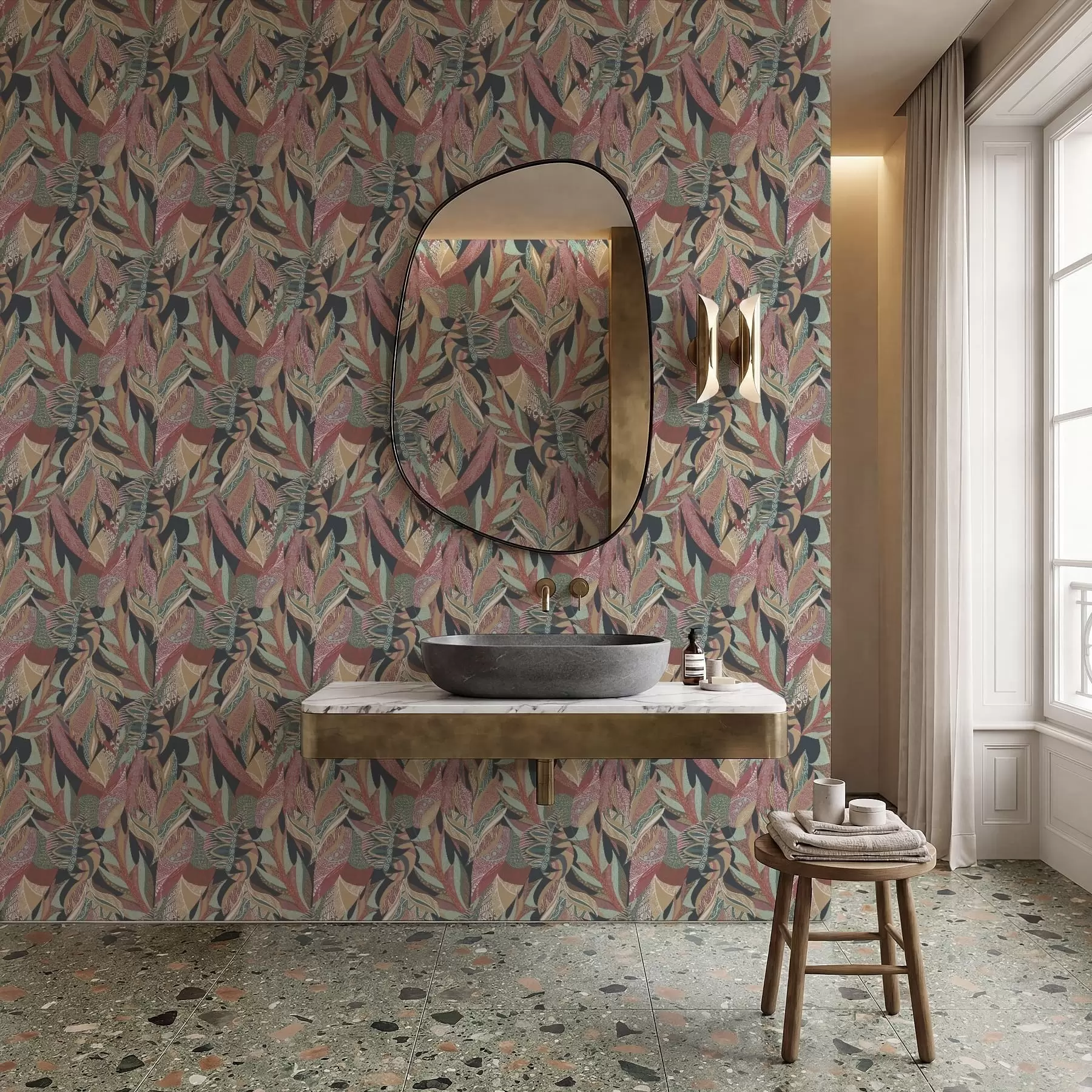 murales Hojas con motivos coloridos sobre fondo oscuro a01120