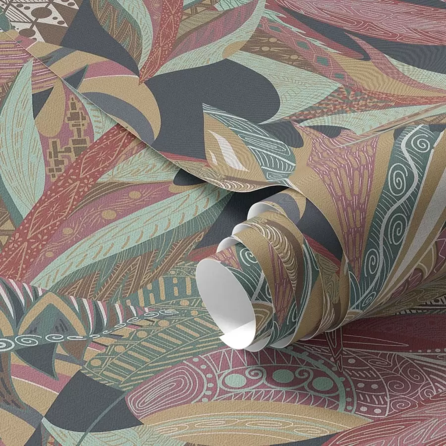 peintures murales Feuilles aux motifs colorés sur fond sombre a01120