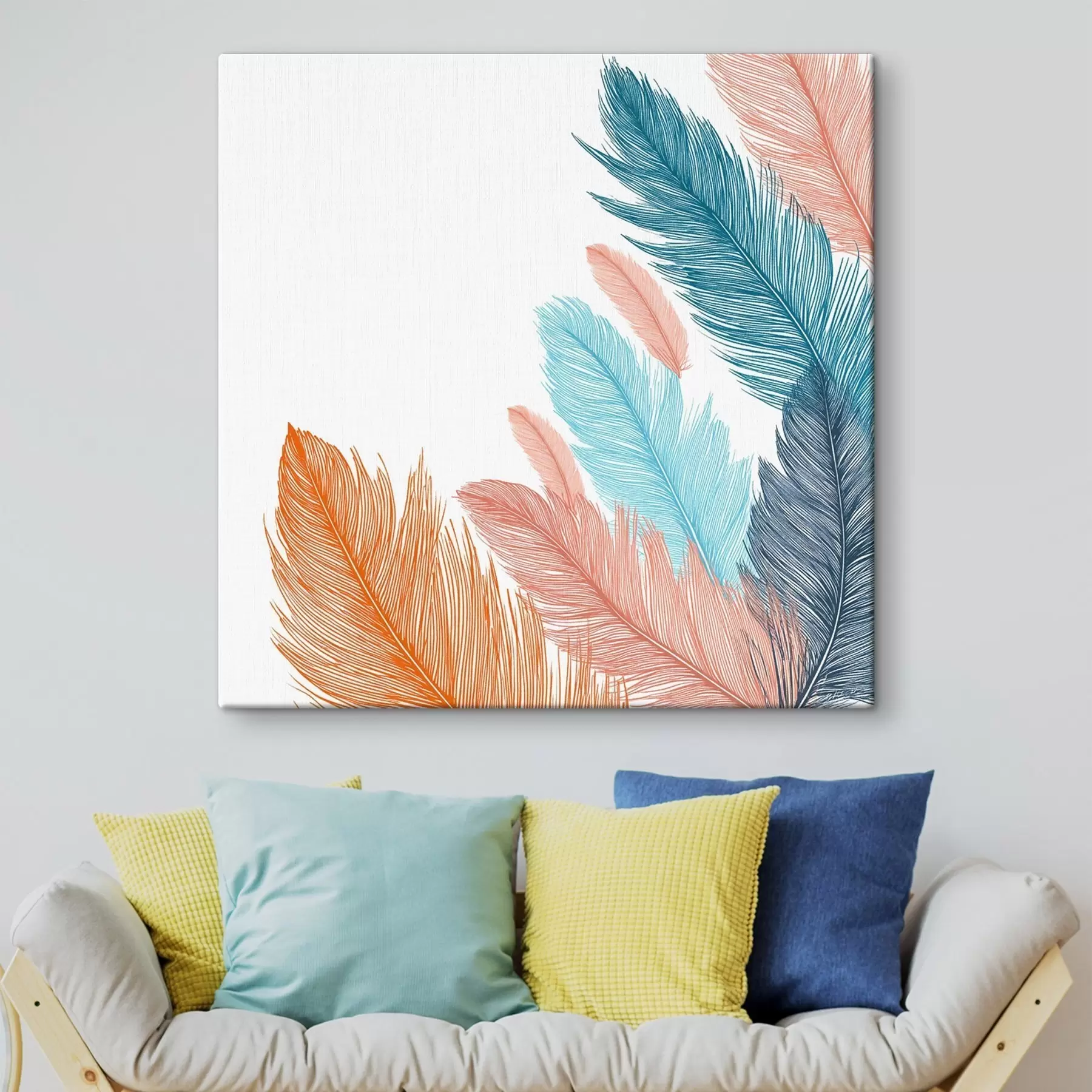 murales Plumas multicolores sobre fondo blanco s48003