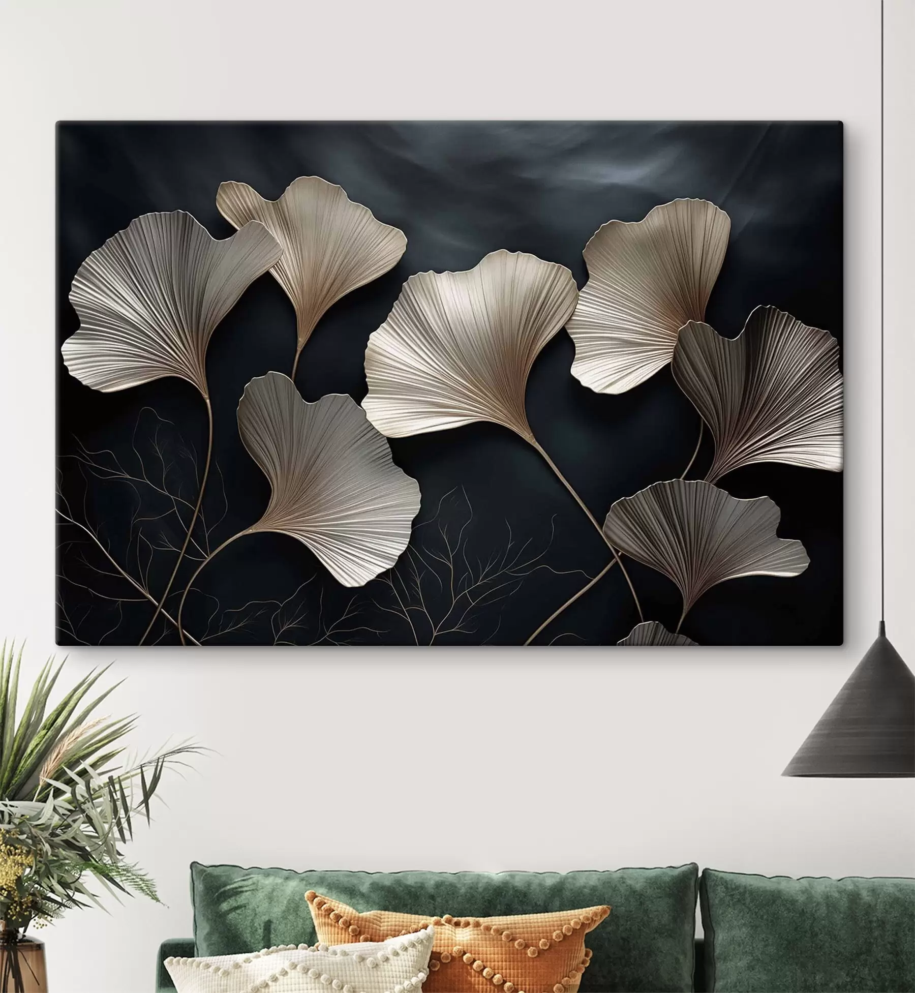 murales Hojas de ginkgo sobre fondo oscuro s48008